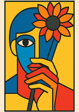 Picasso Style Cubist Man with Sunflower