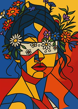Picasso Style Cubist Masked Woman with Wildflowers