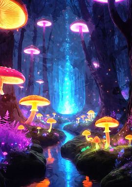 A glowing giant mushrooms forest with vibrant neon plants