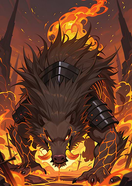 Armored Boar in Fiery Landscape