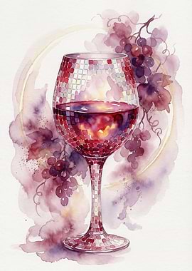 Disco watercolor Wine Glass with Grapes