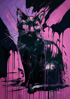 Abstract Black Cat With Pink And Purples Art