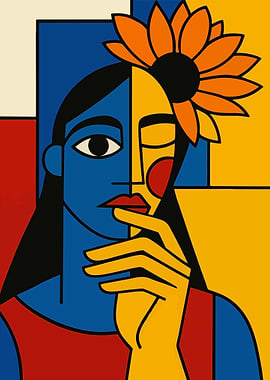 Picasso Style Cubist Portrait with Sunflower