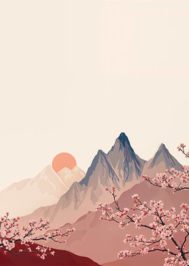 Spring Cherry Blossoms Mountain Landscape