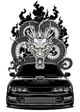 Black Car with Dragon Illustration