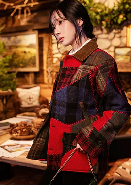 Woman in Patchwork Plaid Jacket