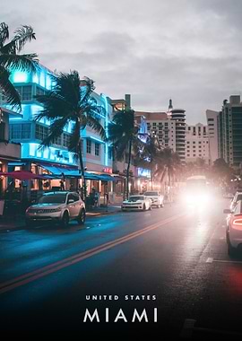 Miami street at dusk with neon