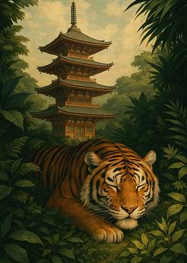 Tiger Sleeping by Pagoda in Jungle
