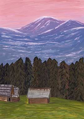 Mountain Landscape with Cabins Painting