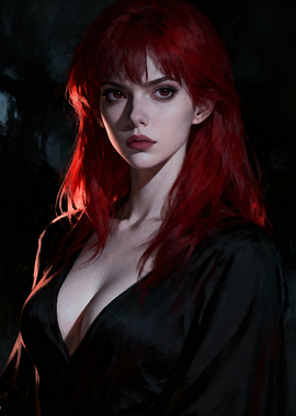 Beautiful Redhead Woman in Black Dress