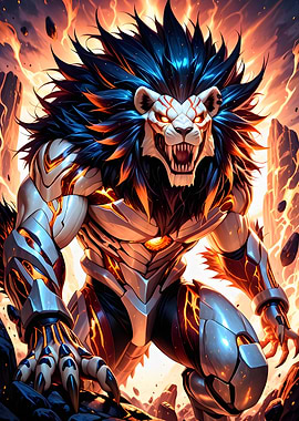 Armored Lion Warrior in Fiery Landscape