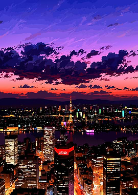 Night Cityscape with Tower and Sunset