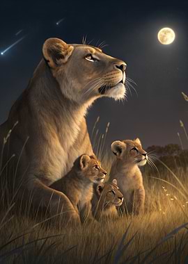 Lioness and Cubs Under Moonlight
