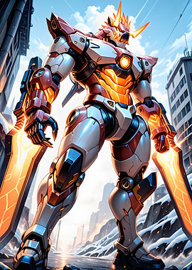 Futuristic Robot Warrior in Urban Setting