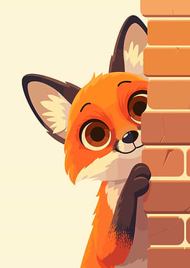Cartoon Fox Peeking Behind Brick Wall