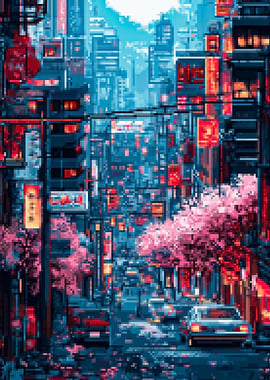 Pixel Art Cityscape with Cherry Blossoms