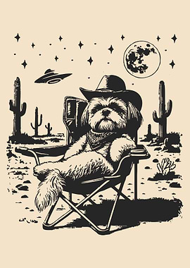 Dog Cowboy in Desert with UFO