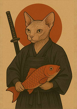 Samurai Cat with Fish