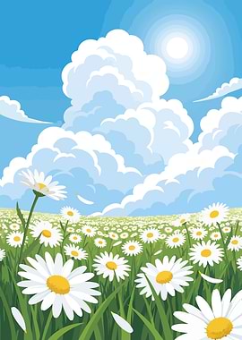 Daisy Field Under a Cloudy Sky
