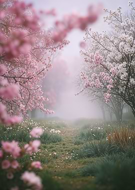 Misty Cherry Blossom Garden