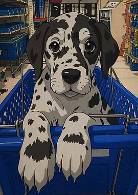 Dalmatian puppy in shopping cart