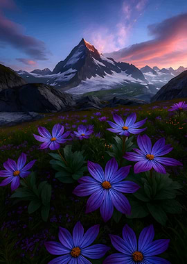 Mountain peak with purple flowers