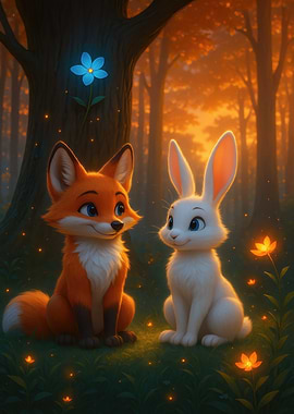 Fox and Rabbit in Enchanted Forest