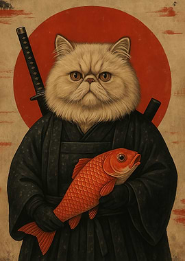 Samurai Cat with Fish