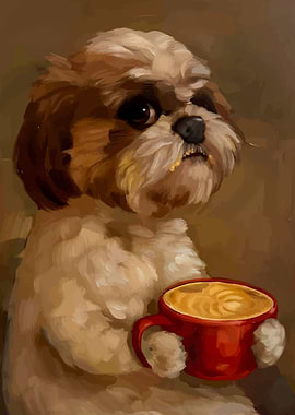 Dog with Coffee Cup Painting