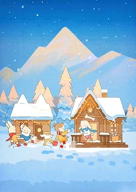 Winter Village Cartoon Illustration
