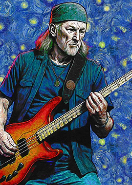 Musician playing bass guitar, Van Gogh style