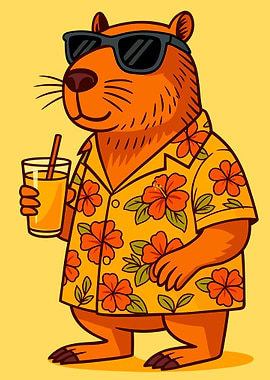 Capybara in Hawaiian Shirt with Drink