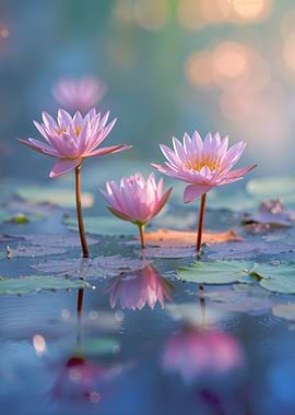 Pink Water Lilies in Pond