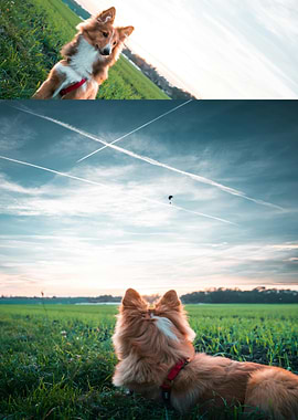 Dog in Field with Skydiving Backdrop