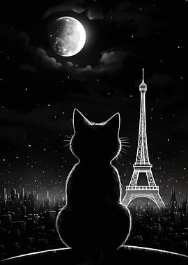 Cat Silhouette in Paris Nightscape