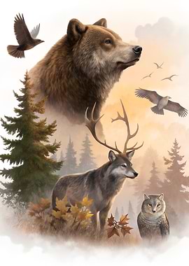 Wildlife Harmony in Forest Illustration