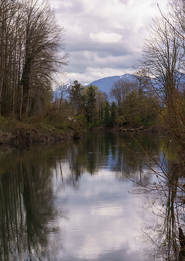 River landscape with mountain backdrop