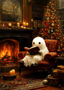 Cozy Ghost reading by the Christmas Tree