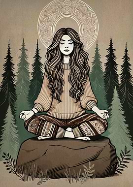 Meditating Woman in Forest Illustration