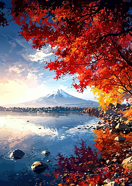 Autumn Lake with Mountain View