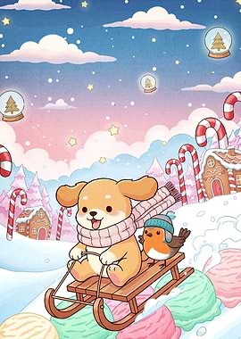 Dog and Bird Sledding in Winter Wonderland