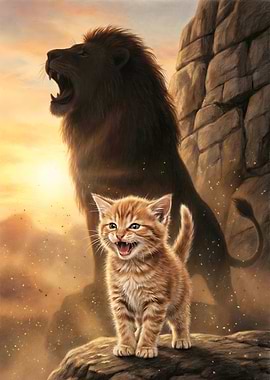 Kitten and Lion Roaring Together