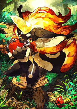 Cute Monster Eating Apple Forest