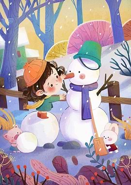 Girl and Snowman in Winter Scene