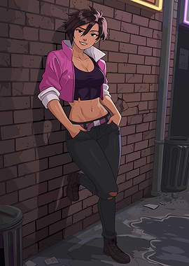 Stylish Woman Leaning Against Brick Wall