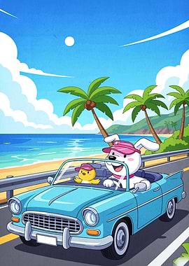 Cartoon dog and chick road trip