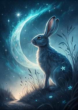 Celestial Rabbit Under Crescent Moon