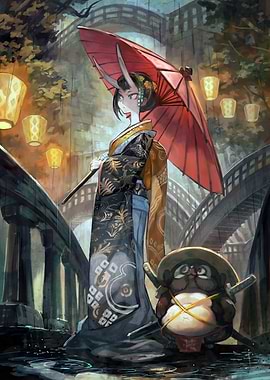Oni Girl with Tanuki in Rain