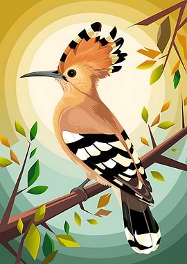 Stylized Hoopoe Bird on Branch