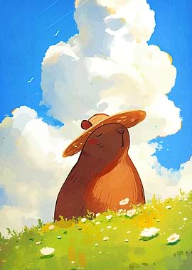 Capybara in a hat under clouds